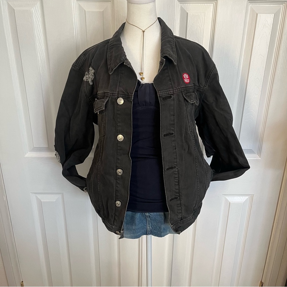 PacSun‎ Charcoal Denim Jacket with Embroidered Patches